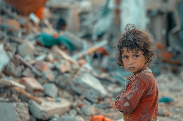 Un jeune garçon regarde un tas de décombres