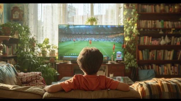 Un jeune garçon regarde la télévision sur le canapé du salon