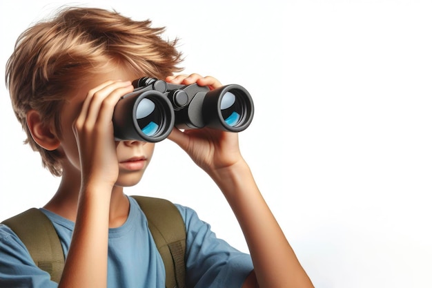 Un jeune garçon regarde à travers des jumelles sur un fond blanc isolé.