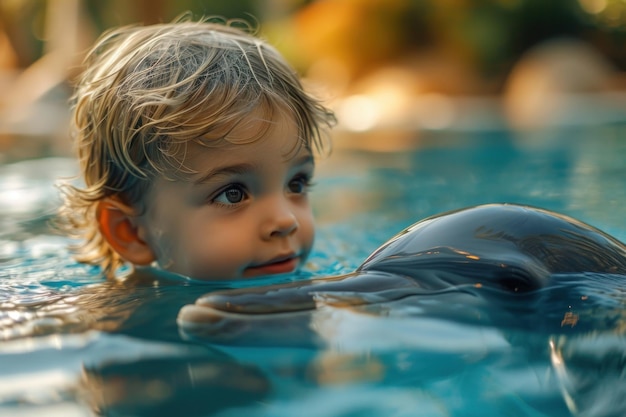 Un jeune garçon s'engage avec un dauphin dans des eaux claires par une journée ensoleillée