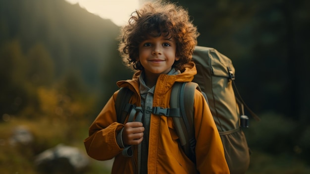 Un jeune garçon avec un sac à dos marche dans les bois