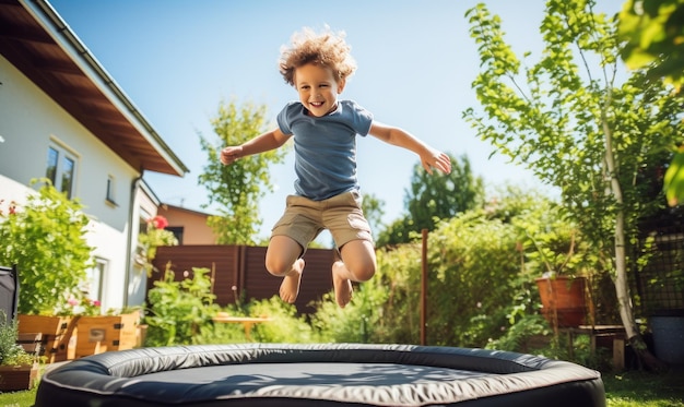 Photo un jeune garçon sautant sur un trampoline dans une cour arrière