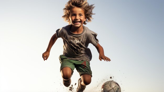 Photo un jeune garçon saute et donne un coup de pied au ballon de football ou de football isolé sur fond blanc