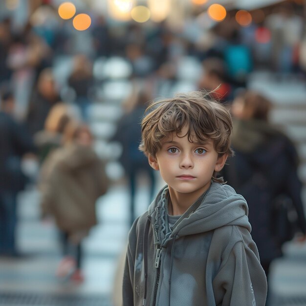 un jeune garçon se tient au milieu d'une foule de gens