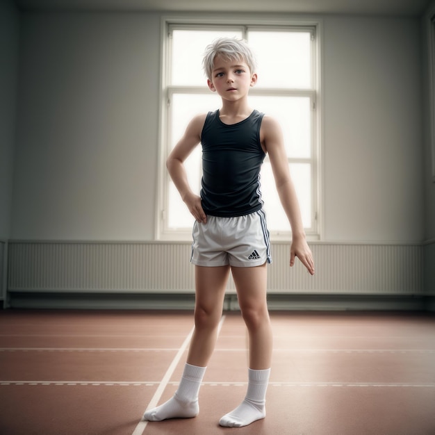 un jeune garçon se tient sur une natte avec ses mains sur ses hanches.