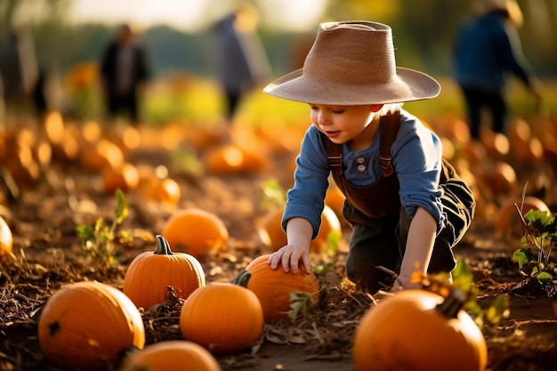 Un jeune garçon sélectionnant des citrouilles à l'Halloween dans un champ de citrouilles Generative Ai