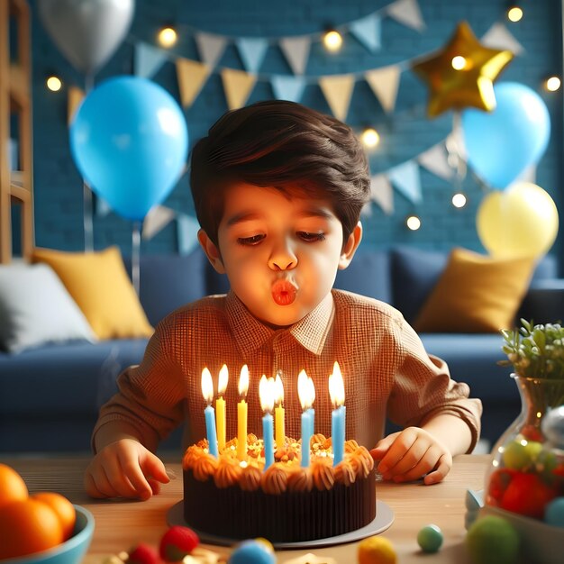 Un jeune garçon souffle des bougies sur un gâteau d'anniversaire lors d'une fête du soir