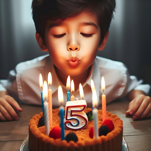 Un jeune garçon souffle des bougies sur un gâteau d'anniversaire lors d'une fête du soir