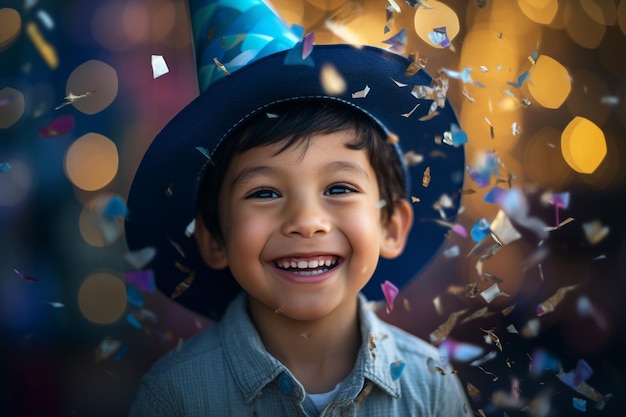 Un jeune garçon souriant dans un chapeau de fête et tenant un confetti avec une IA générative