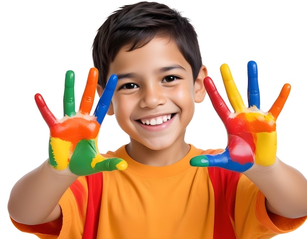 Photo un jeune garçon souriant et montrant ses mains peintes de couleurs devant un fond blanc