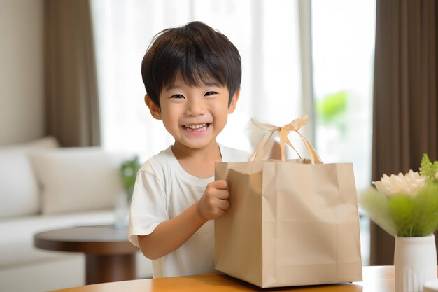 Un jeune garçon souriant tient fièrement un sac en papier contenant une brosse à dents Generative AI