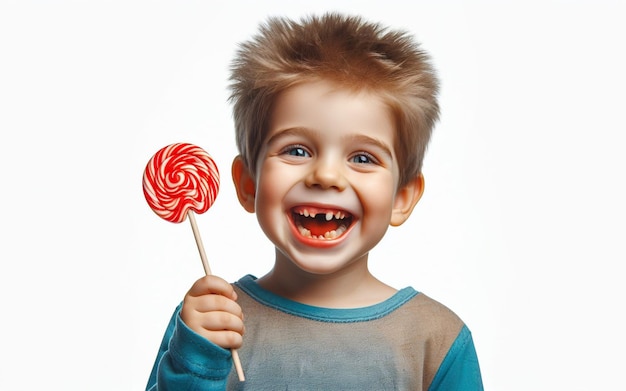 Photo un jeune garçon sourit avec des dents pourries tenant une sucette dans sa main le sourire d'un enfant avec des pauvres