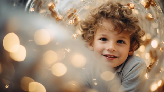 Un jeune garçon sourit devant un arbre de Noël.