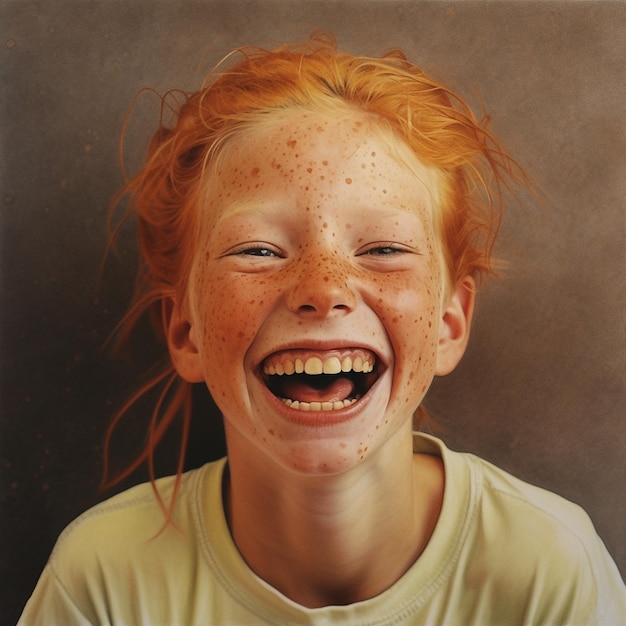 un jeune garçon avec des taches de rousseur sur le visage sourit.