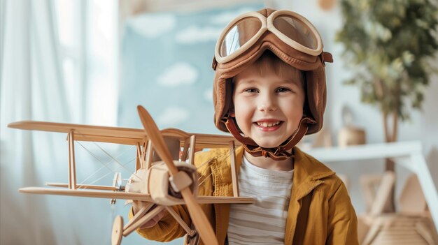 Jeune garçon tenant un avion modèle et