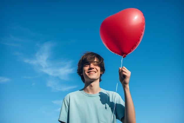 Un jeune garçon tenant un ballon rouge sur un fond bleu