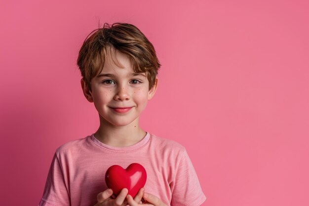 Un jeune garçon tenant un cœur rouge