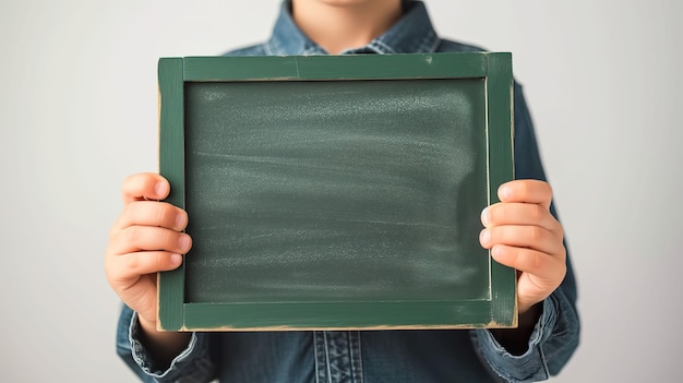 Un jeune garçon tenant un tableau blanc vert