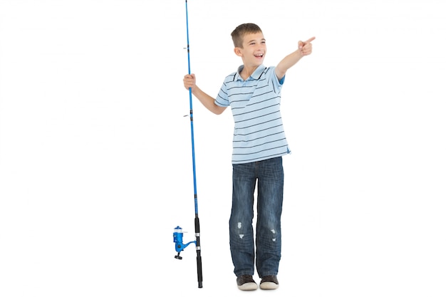Jeune garçon, tenue, canne à pêche, pointage