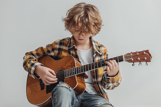 Un jeune garçon en tenue décontractée est apparu en train de jouer de la guitare sur un décor blanc.