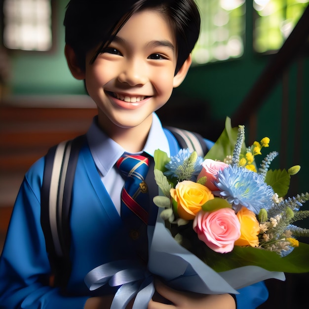 un jeune garçon tient un bouquet de fleurs