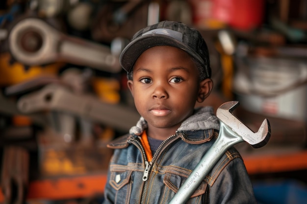 Un jeune garçon tient une clé dans le garage