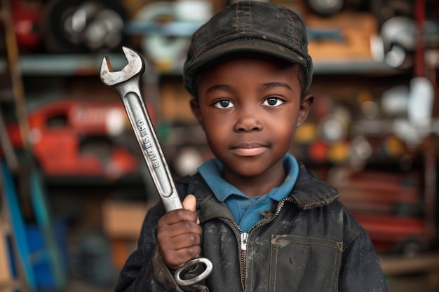 Un jeune garçon tient une clé dans le garage