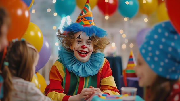 Photo un jeune garçon vêtu d'un costume de clown est assis à une table avec deux enfants le clown sourit et regarde les enfants