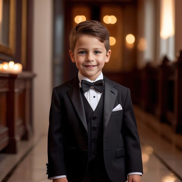 Jeune garçon vêtu d'un smoking formel avec un nœud papillon vêtu pour une élégante célébration de la haute société