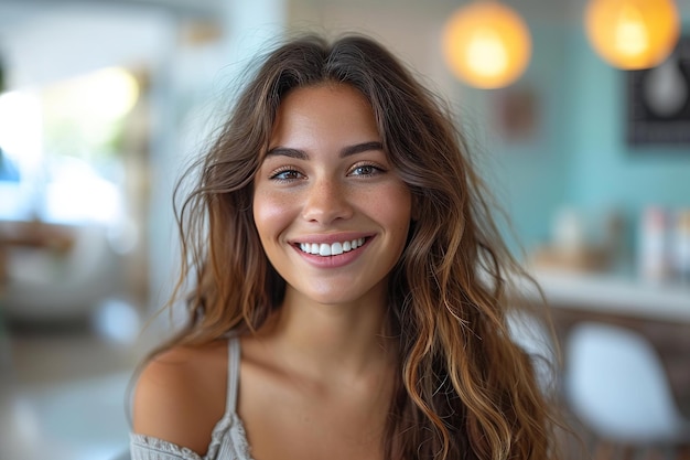 Photo la jeune gérante du café, souriante, croise les bras sur la poitrine et a l'air confiante.