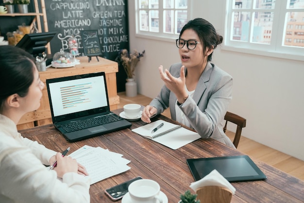 jeune gestionnaire de femme asiatique partageant des idées avec un collègue lors d'une réunion de travail dans un café. équipe créative discutant du tableau des finances de l'entreprise sur un ordinateur portable à la table du café en discutant.