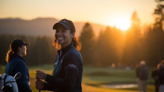 Une jeune golfeuse souriante sur un parcours de golf au coucher du soleil