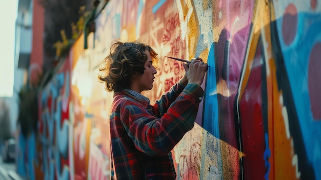 Un jeune graffiti-artiste au travail peint une peinture murale colorée sur un mur dans un environnement urbain