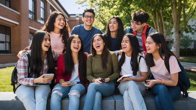 Un jeune groupe d'étudiants ou d'amis rient ensemble en s'asseyant.