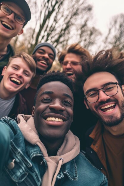 Un jeune groupe réutilisable de gens heureux prend une photo selfie sur un appareil photo à l'extérieur