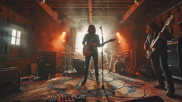 Un jeune groupe de rock interprète une chanson énergique dans un studio de musique