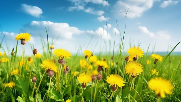 Jeune herbe fraîche avec des pissenlits jaunes