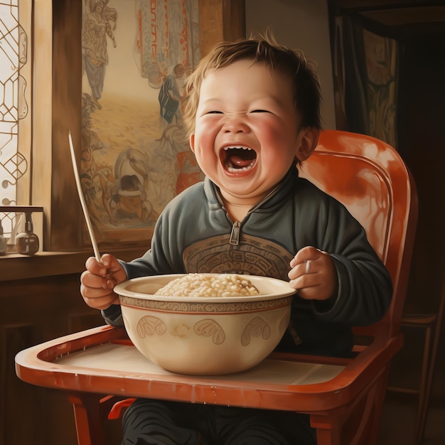 Un jeune heureux est assis dans un fauteuil bébé en train de manger de la bouillie Generative Ai