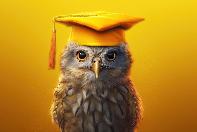 un jeune hibou dans un chapeau de graduation et une cravate avec un fond