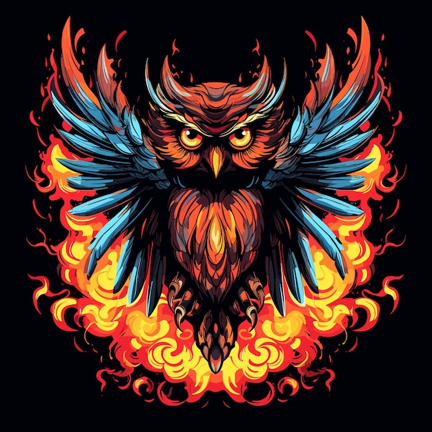 Jeune hibou mignon et drôle contre les flammes de feu comme l'oiseau phénix isolé sur fond noir dans un style pop art vectoriel Modèle pour autocollant t-shirt, etc. Élément de conception