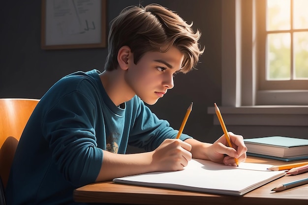 Photo un jeune homme ou un adolescent assis à un bureau avec un crayon à la main pensant qu'il pourrait écrire une fiction