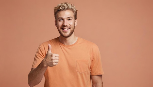 Un jeune homme adulte aux cheveux blonds souriant et donnant un pouce vers le haut contre un fond de pêche décontracté