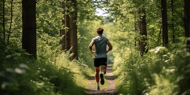 Un jeune homme adulte traverse la forêt sur un chemin naturel lors d'une journée d'été ensoleillée