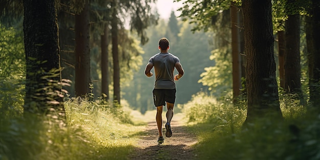Un jeune homme adulte traverse la forêt sur un chemin naturel lors d'une journée d'été ensoleillée