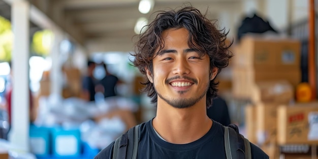 Un jeune homme affable avec les cheveux ébouriffés et un t-shirt décontracté sourit sincèrement debout dans un entrepôt urbain