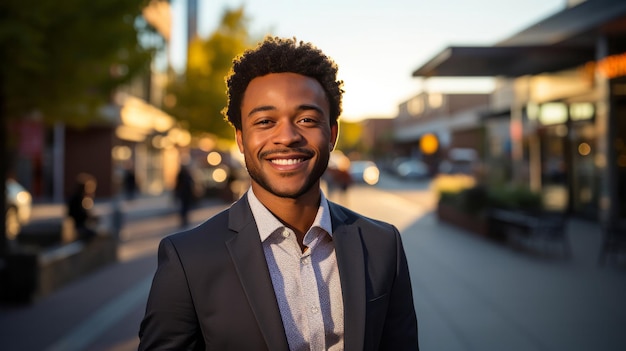 Jeune homme d'affaires africain dans le concept d'entreprise effet lever de soleil de la rue de la ville