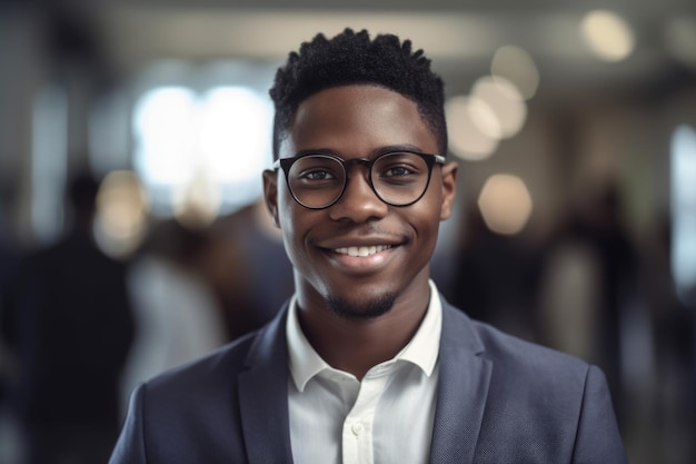 Jeune homme d'affaires afro-américain intelligent visage souriant debout dans un arrière-plan flou d'un bureau occupé Generative AI AIG20