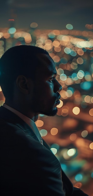 Un jeune homme d'affaires afro-américain prospère regardant la ville nocturne avec une lumière cinématographique.