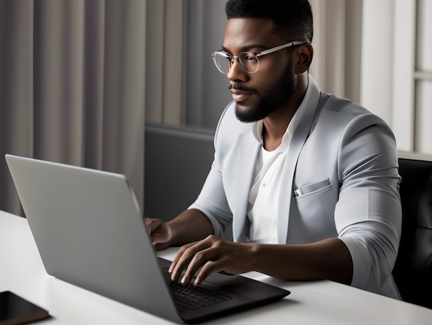 Jeune homme d'affaires afro-américain travaillant avec un ordinateur portable au bureau AI générative