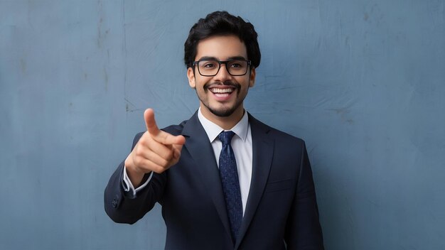 Jeune homme d'affaires arabe indien souriant portant un costume montrant un portrait isolé